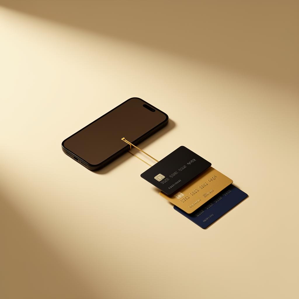 A smartphone connected to a stack of credit cards by a single thin gold line
