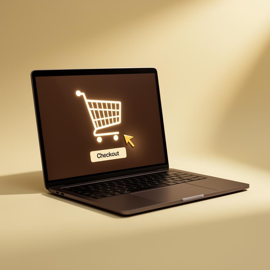 A laptop on a cream backdrop showing a glowing shopping cart and a gold cursor near a checkout button