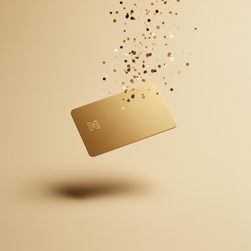 A premium gold credit card floating with delicate gold confetti rising around it